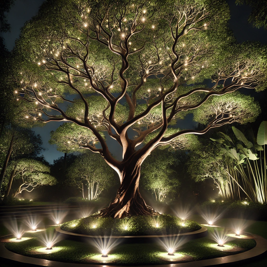 Une illustration d’un arbre magnifiquement &eacute;clair&eacute; la nuit, mis en valeur par des puits de lumi&egrave;re.