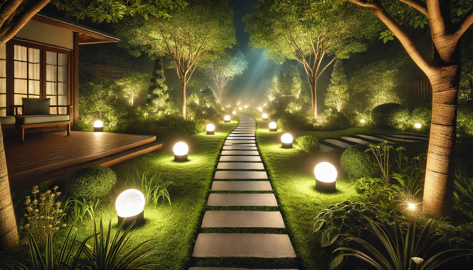 all&eacute;e dans un jardin &eacute;clair&eacute; par des lumi&egrave;res de chemin la nuit