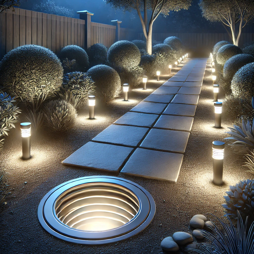 des lumi&egrave;res &eacute;clairent une all&eacute;e de jardin la nuit.